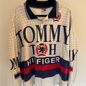 Tommy Hilfiger Vintage 90s All Over Print Polo Shirt rugby Blue Red Made in USA